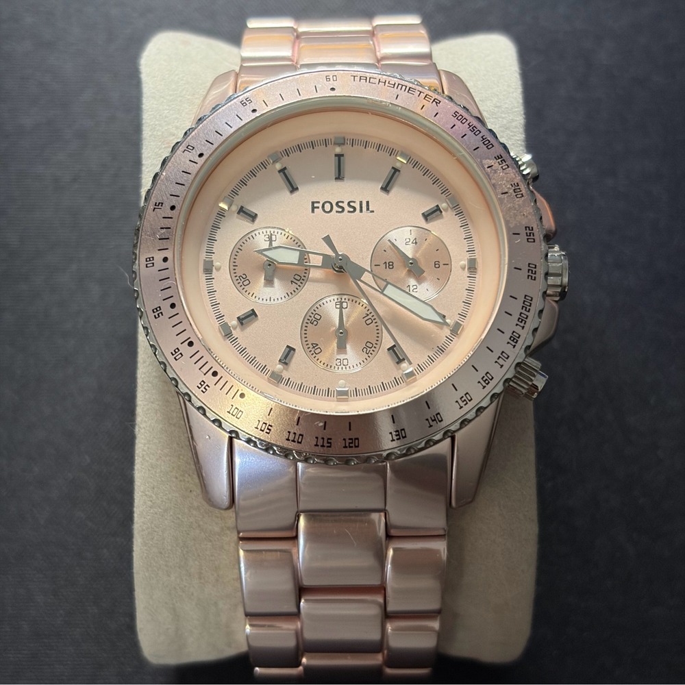 Fossil Chronograph Watch Women 6.5" Rose Gold Stainless Steel Tachymeter